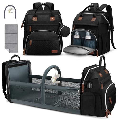 DERJUNSTAR Diaper Bag Backpack – Large Capacity Baby Diaper Bag with Changing Pad, Waterproof Travel Backpack for Boys & Girls, Multi-Function Baby Bag with USB Charging Port, Black