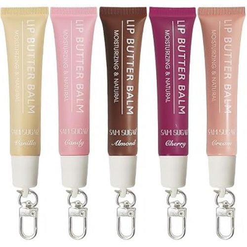 SAM SUGAR 5pcs Lip Balm with Keychain Hydrating Tinted Lip Gloss, Moisturizing Lip Butter Balm with Natural Shine, Non-Sticky Lip Care for Dry Lips