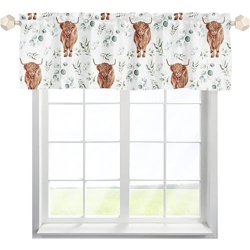 HawSkgFub Baby Toddler Boy Girl Highland Cow Eucalyptus Leaf Nursery Curtain Valance 54x18, Western Farm Animals Short Window Topper Rod Pocket, Neutral Yak Home Living Room Kid Bedroom Playroom Decor