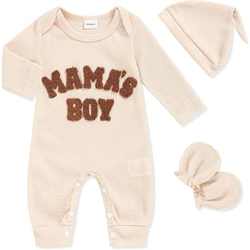 GRNSHTS Newborn Baby Boy Romper Coming Home Outfits Letter Print Bodysuit Jumpsuit+Hat+Gloves 3PCS Clothes Set