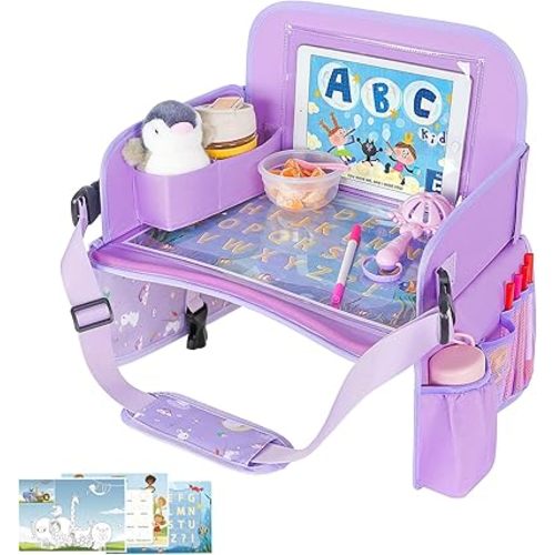 MENZOKE Kids Travel Tray for Toddler Car Seat, Toddler Gift for Girl Activities with Dry Erase Board & iPad Holder Stand, Road Trip Essentials Accessories Lap Tray for Girl as Birthday Gift, Purple