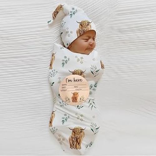 Ylsteed Baby Highland Cow Swaddle Blanket and Headband Set, Newborn Receiving Blanket Swaddle Wrap for Girls and Boys, Swaddling Blankets Neutral for Newborn 32 * 32 in (Highland Cow)