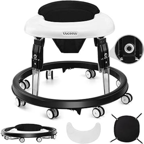 Baby Walker with Wheels, One-Touch Folding Anti-Roll 8-Wheel Baby Walkers, 7-Speed Height Adjustment with Large Dinner Plate and Brake 6-18 Months Baby Walker, Black