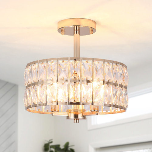 3-Light Crystal Ceiling Light Fixture Semi Flush Mount Chandelier with Drum Shade