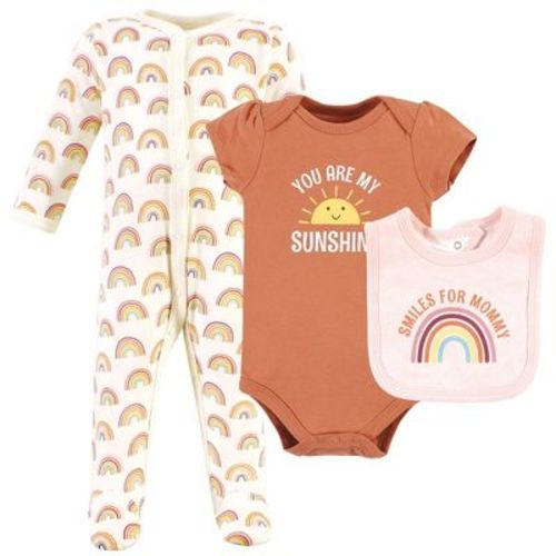 Hudson Baby Infant Girl Cotton Sleep And Play, Bodysuit And Bandana Bib Set, Sunshine Rainbows, 0-3 Months