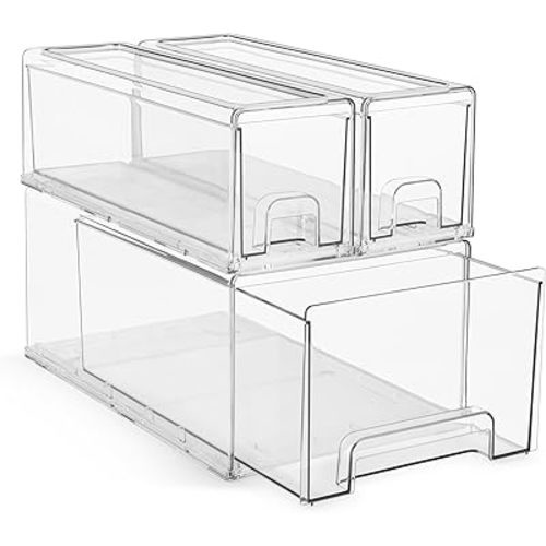 Sorbus 1 Large & 2 Small Clear Stackable Storage Drawers – Plastic Organizer Bins with Handles – Stackable Pull-Out Storage Drawers for Closet, Pantry, Office, Bathroom, Craft, and Toy Organization