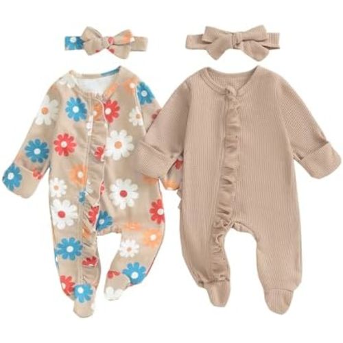 Baby Girl Footies Newborn Zipper Sleeper 2 Pack Ruffle Pajamas Romper Coming Home Outfit