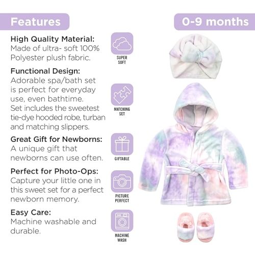 Rising Star Baby Toddler Robe Or Kids Robe for Girls and Boys - Kids & Baby Bath Robe Spa Set with Washcloth or Slippers - 0-9 Months - Tie Dye