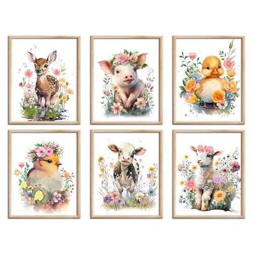 LNLAGBO Baby Watercolor Farm Animals Nursery Wall Art Prints,Cute Baby Animal Nursery Farm Wall Art, Animals Themed Posters for Farmhouse Kids Room Decor,Set of 6(8"X10"Unframed)