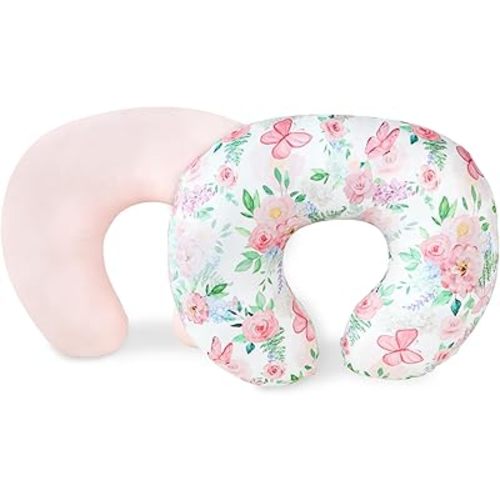 2 Pack Nursing Pillow Covers, Stretchy Removable Breastfeeding Pillow Covers for Baby Girl Newborn, Super Soft Fabric, Only Covers (Pink & Floral)