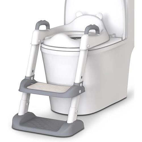 HBTower Potty Training Seat with Step Stool Ladder for Toddlers, Adjustable Kids Toilet Seat with Splash Guard, Anti-Slip Pads & Safety Handles, Comfortable Potty Chair for Boys & Girls (Grey)