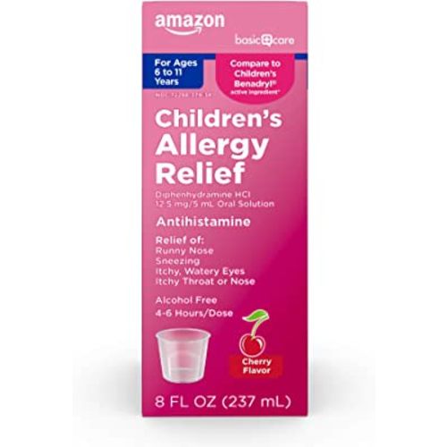 Amazon Basic Care Children's Allergy Relief Liquid, Kids Allergy Medicine with Diphenhydramine HCl, Antihistamine, Cherry Flavor, for Children Ages 6-11 Years, 8 Fl Oz (Pack of 1)