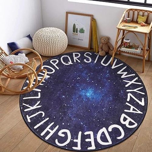 LIVEBOX Kids Play Room Round Rug for Bedroom, ABC Washable Rug for Classroom, Large Circle Rug for Playroom,Galaxy ABC Rugs Educational Learning Carpet for Classroom Dorm(71",Star Blue)