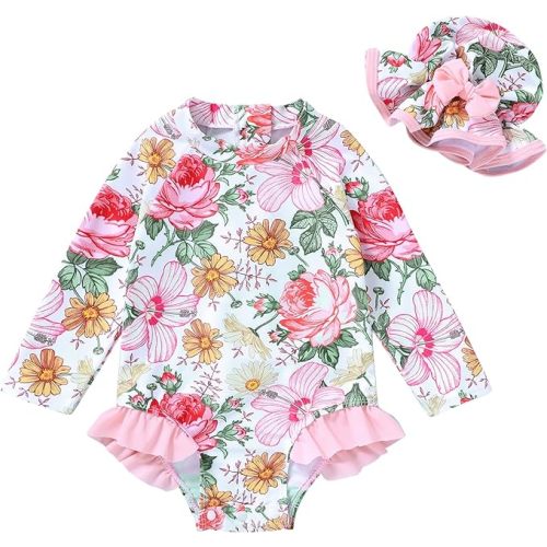 Infant Baby Girl Swimsuit One-Piece Long Sleeve Rash Guard with Hat Set Floral Zipper Bathing Suit Leopard Beach Wear - 0-3 Months - Flower
