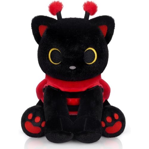 Black Cat Plush with Removable Ladybug Costume, 8inch Stuffed Animal | Big Eyes Cute Soft Huggable Toy for Boys Girls,Toddlers Insect-Themed Room Decor Birthday Gifts