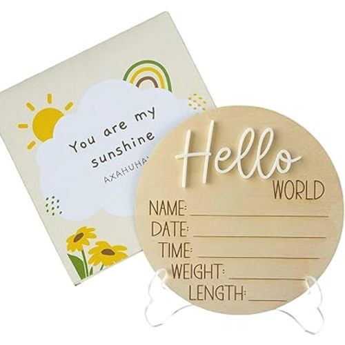 AXAHUHIVN Hello World Birth Announcement Sign for Newborn, Birth Stats Sign, Hello World Baby Name Wooden Sign, Wooden Birth Announcement Plaque "Hello World" Matte White Acrylic (13)