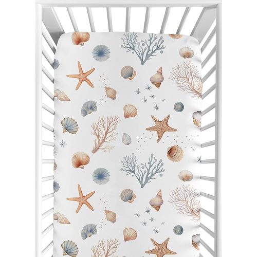 Sweet Jojo Designs Ocean Seashells Fitted Crib Sheet Orange Blue Taupe Nautical Beach Theme Watercolor