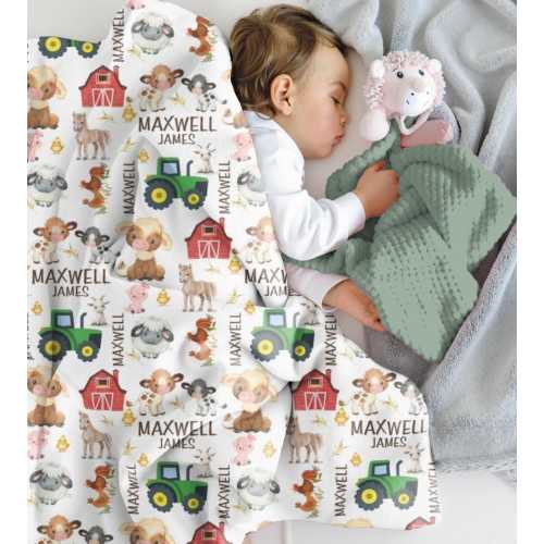 Farm Animal Blanket Baby Boy Personalized Boy Name Blanket Green Tractor Newborn Swaddle Cow Pig Goat Blanket with Name Hospital Blanket