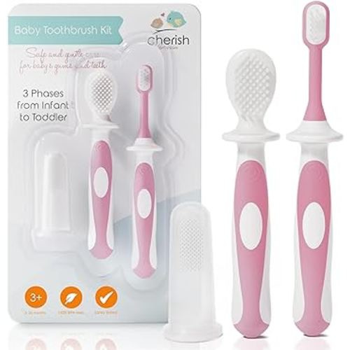 Cherish Baby Care Award-Winning Baby Toothbrush Set (3-24 Months) - Baby Finger Toothbrush, Training Toothbrush & Toddler Toothbrush - BPA-Free Infant Toothbrush Set, Baby First Toothbrush Set (Pink)