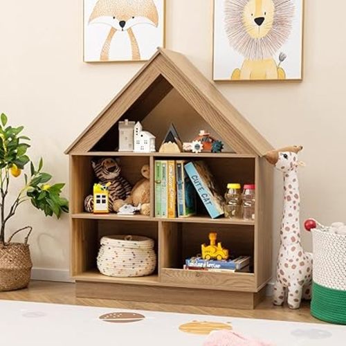 Costzon Kids Dollhouse Bookshelf, 3-Tier Wooden Open Bookcase for Toys and Books, Baby Bookshelf and Toy Storage Organizer, Book Shelf for Kids Rooms, Playroom, Nursery, Classroom (Natural)