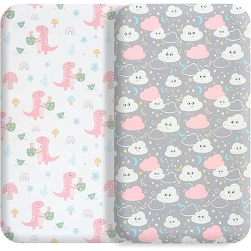 Bassinet Bed Sheet Set 2 Pcs Fits Rectangle Oval Halo Hourglass Mattress Stretch Bassinet Bed Sheet Soft and Comfy (Dinosaur Egg)