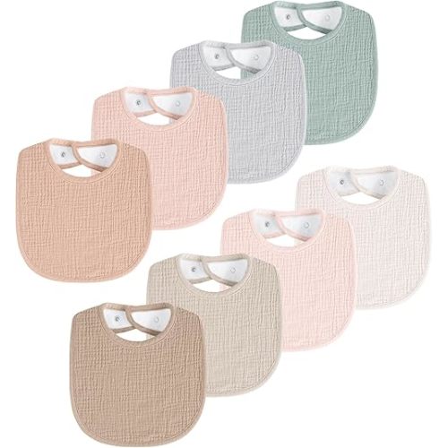 8 Pack Muslin Baby Bibs for Boys Girls, Soft Cotton Baby Bibs for Drooling and Teething, Absorbent & Adjustable Drool Bibs for Infant Newborn