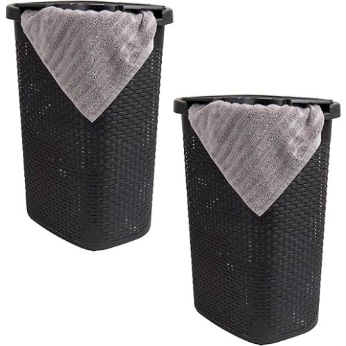 Mind Reader 60L Slim Laundry Hamper, Clothes Basket, Lid, Wicker Style, Plastic, 17.65"L x 13.75"W x 24.15"H, Set of 2, Black
