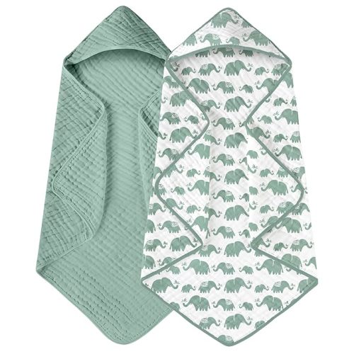Yoofoss Hooded Baby Towels for Newborn 2 Pack 100% Muslin Organic Cotton Baby Bath Towel with Hood for Babies, Infant, Toddler and Kids, Large 32x32Inch, Soft and Absorbent Newborn Essential