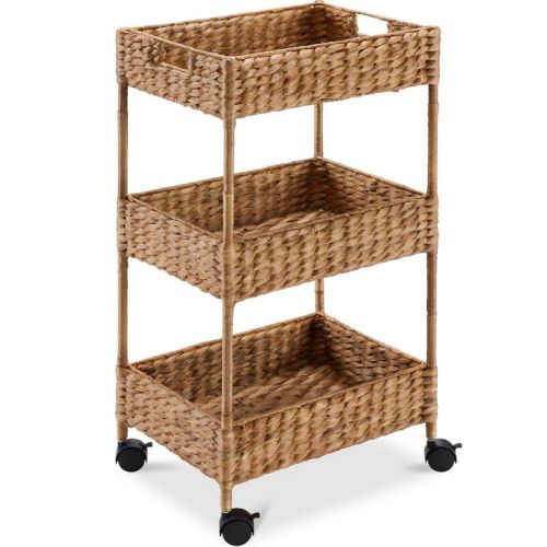 Best Choice Products 3-Tier Water Hyacinth Rolling Utility Cart w/ Weaved Baskets
