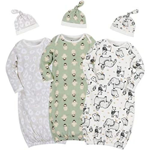 Newborn Unisex Baby Boys Girls Cotton Sleeper Gown Nightgown Sleepsuits with Hats, 0-3/0-6 Months