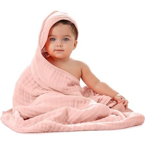 Comfy Cubs Hooded Baby Towel 1-Pack, Large 32 x 32 Inch - 6 Layer 100% Muslin Cotton for Babies, Toddlers and Kids - Soft & Absorbent Baby Bath Towels - Unisex Design for Bath Time - Lace