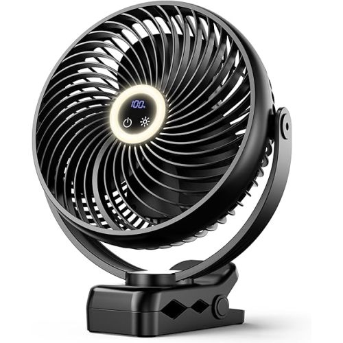 Koonie 10000mAh Portable Clip on Fan with LED Lantern and Hook, 8'' Battery Operated Desk Fan, Quiet Camping Fan with LED Digital Display, 360° Rotation & 3 Speeds for Travel Tent Gym Treadmill