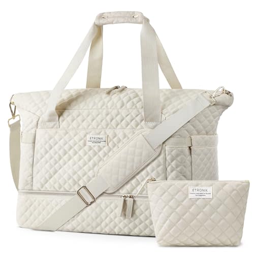 ETRONIK Travel Bag for Women, 48L Gym Duffel Bag with Shoes Compartment, Weekender Overnight Bag with Wet Pocket for Women Travel Gym Daily Use, Large Size (Beige)
