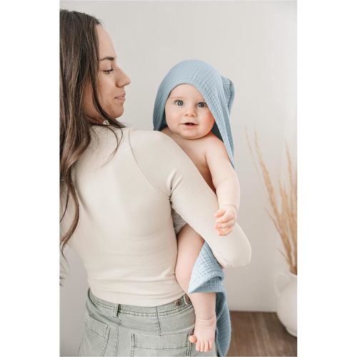 Konssy 2 Pack Muslin Hooded Baby Towels for Newborn Soft 100% Cotton Baby Bath Towel with Hood for Baby, Infant Ultra Absorbent, Baby Stuff Baby Bath Shower Gifts (Blue, Star,30" x 30")