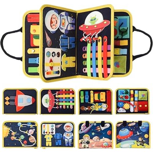 Montessori Busy Board Toys for Space Exploration, Sensory Games Travel Activities Toddlers Press&Push, Pull String, Educational Learning Fine Motor Skills for 1 2 3 4 Year Baby Kids Autism