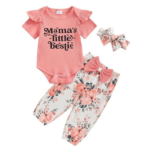 Adobabirl Newborn Baby Girl Clothes Short Sleeve Ribbed Romper Onesie Bowknot Floral Pants Headband 3Pcs Clothing Set