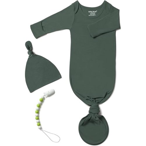 Knotted Gown Baby Newborn Hospital Outfit, Modal Infant Sleeper Gowns with Pacifier Clip and Hat Set, Nightgowns 0-3 Months
