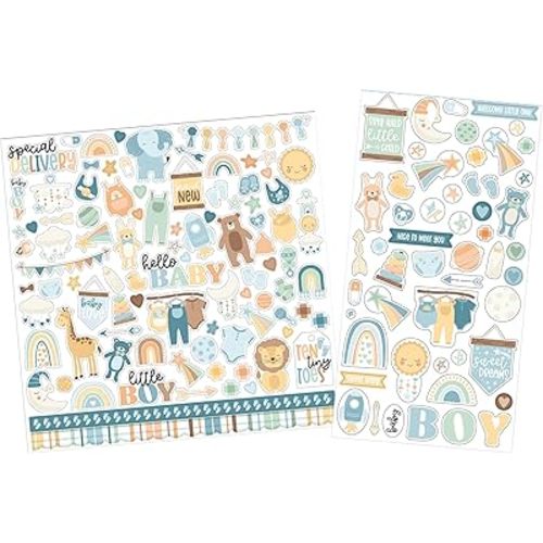 Baby Scrapbook Stickers - Baby Boy Stickers for Scrapbooking, DIY Craft, Photo Album, Journal - Cute Embellishments for Scrapbook with Animals, Clothes, Blue Aesthetic Color Design - 2 Items