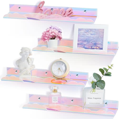 Iridescent Rainbow Acrylic Floating Shelves,15in Kids Wall Mounted Nursery Bookshelves, Display Ledge for Books Toys Cosmetic, Bathroom Bedroom Living Room Wall Decor and Storage, 4 Pack