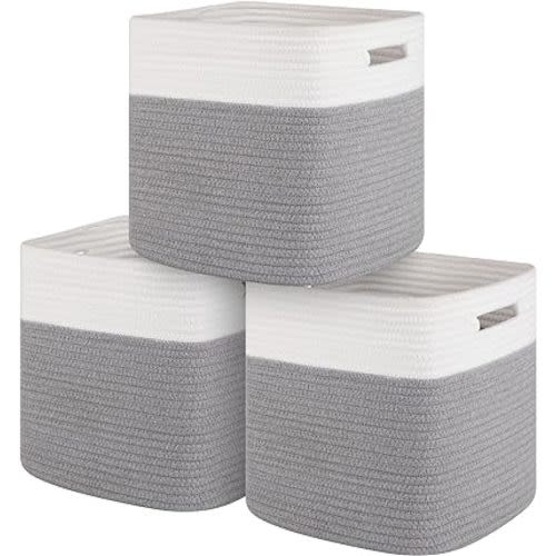 Storage Cubes 11 Inch Cotton Rope Woven Baskets for Organizing, 3-Pack Cube Storage Bin | Square Baskets for Shleves, Closet, Baby Nursery Bins, Grey