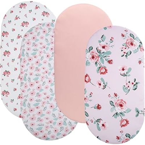 Bassinet Sheet Set 4 Pack Snug Fitted Cradle Fitted Sheets, Stretchy Ultra Soft, for Oval Rectangle Hourglass Bassinet Mattress, Unisex Boy Girl, Floral/Pink