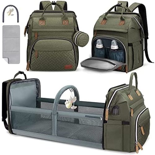 Baby Diaper Bag Backpack, Diaper Changing Station for Baby Boys & Girls,Waterproof Changing Pad,USB Charging Port,Pacifier Case, Sunshade and Toy Bar, Army Green