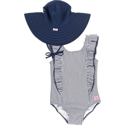 Waterfall Stripe Ruffle One-Piece Swimsuit & Hat Set, 12m