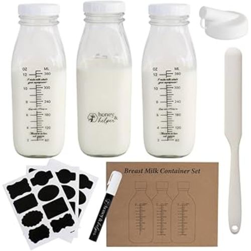 Breast Milk Pitcher | Set of 3 Glass Breastmilk Storage Bottles, Pour Spout & Silicone Spatula | Breast Milk Container w/ Chalkboard Labels & Pen | Ideal Breastmilk Storage Pitcher for Baby Shower