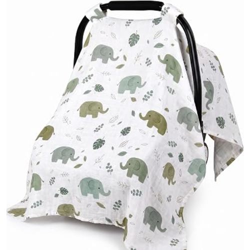 Beatoutou Baby Car Seat Cover，100% Muslin Cotton Carseat Covers for Baby Boy/Girl,UniversalInfant Car Seat Cover for Newborn Summer Essentials,Soft & Breathable(Cute Elephant)