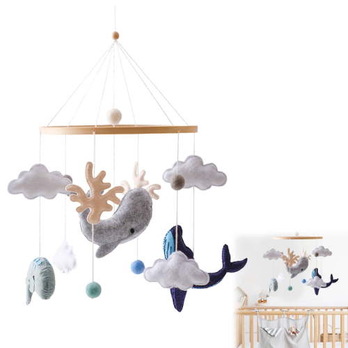 Umilin Baby Mobile for Crib, Boho Nursery Decor with Hot Air Balloon, Star, Cloud, and Bunting Flags