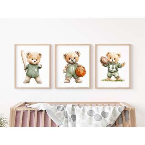 Cute bear sports nursery print set of 3, Sage green basketball football baseball nursery decor, kids room decor, adorable sport nursery art