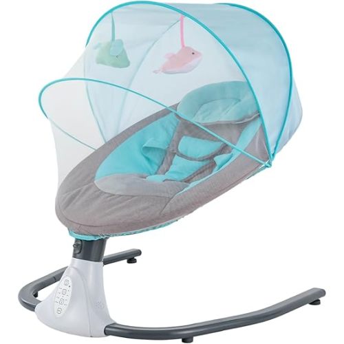 Electric Baby Rocking Chair Bed, with Removable Dolls, Bluetooth Baby Crib Cradle with Remote Control & Music, Folding Baby Rocking Chair,Gray/Blue/Pink (Blue)