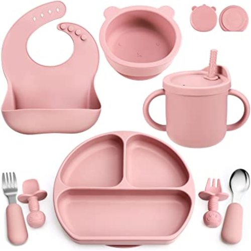 Silicone Baby Feeding Set, Baby Led Weaning Supplies with Suction Bowl Divided Plate, Toddler Self Feeding Dish Set with Spoons Forks Sippy Cup Adjustable Bib, Eating Utensils for 6+ Months(Pink)