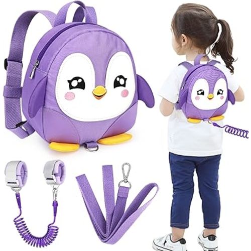 Accmor Toddler Harness Backpack Leash, Cute Penguin Kid Backpacks with Anti Lost Wrist Link, Mini Child Backpack Harness Leashes Walking Wristband Rope Travel Bag Harness Rein for Baby Girls (Purple)
